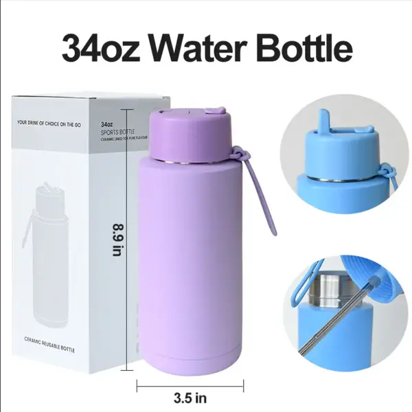 Custom Logo 34oz Drinkware Insulated Vacuum Ceramic Lined Sport Stainless Steel Water Bottles